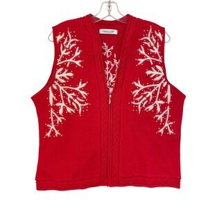 Coldwater Creek Snowflake Embroidered Wool Vest Womens L/XL Red Cottagecore Knit